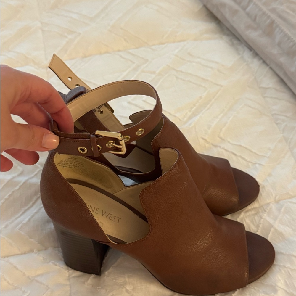 Nine West Tan Open-Toe Block Heels